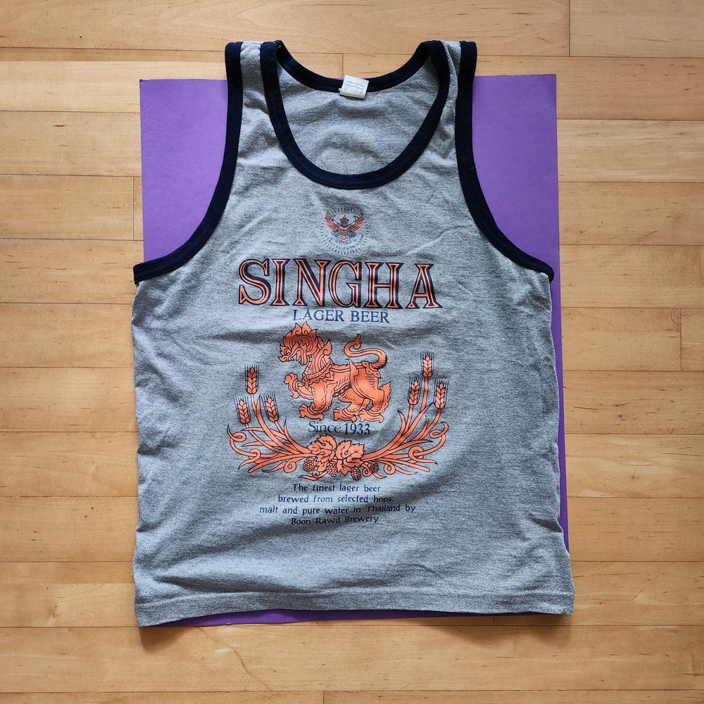 Vintage Singha Lager Beer Tank Top Cotton XL Gray Mens Summer Shirt